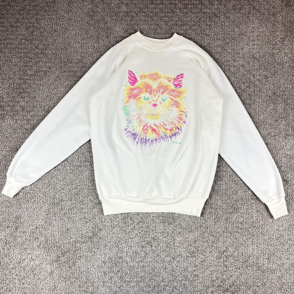Vintage Sweatshirt Womens Large White Neon Cat Grandma 80s Crewneck Retro - Picture 1 of 11